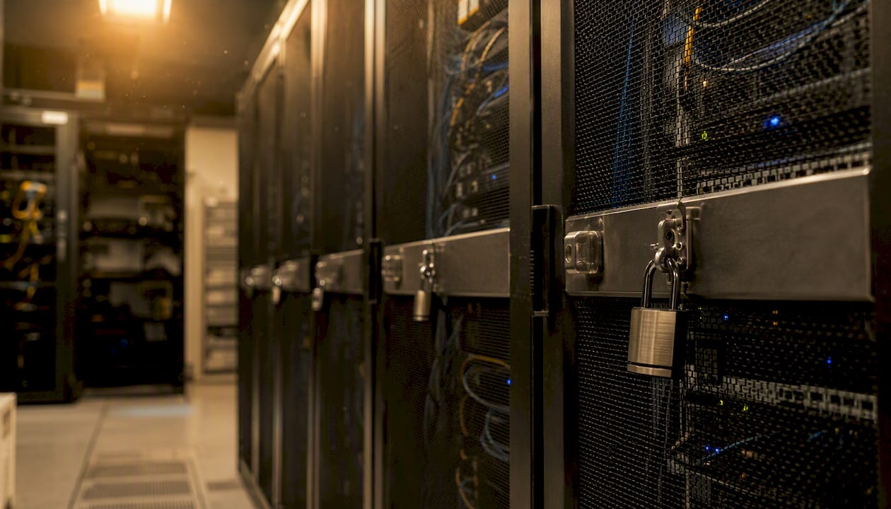 Locked server racks in secure data center
