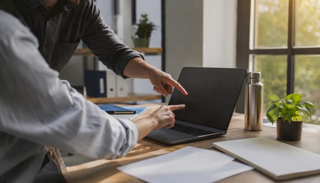 Hands pointing at laptop during software budget planning