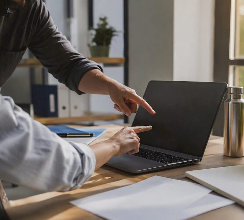 Hands pointing at laptop during software budget planning