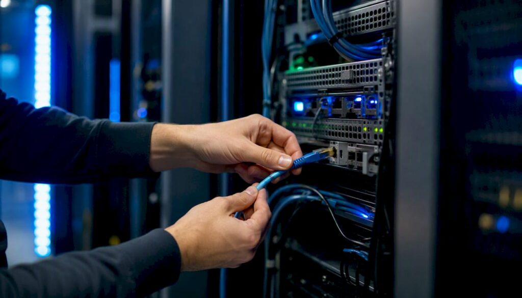 Hands connecting cable to server rack