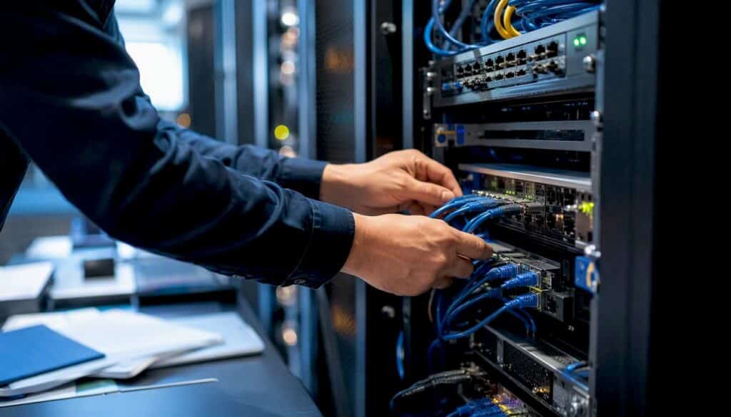 Hands connecting secure network cables in server room