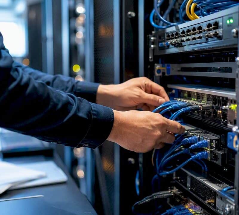 Hands connecting secure network cables in server room