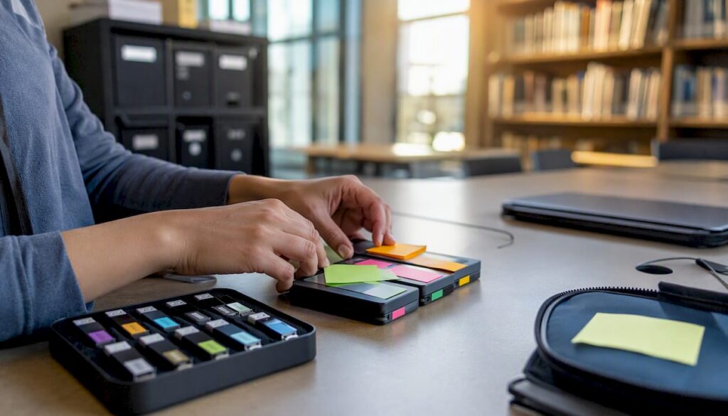 Hands organizing digital data storage devices