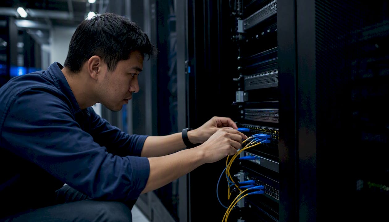 Hands wiring console cable in server rack