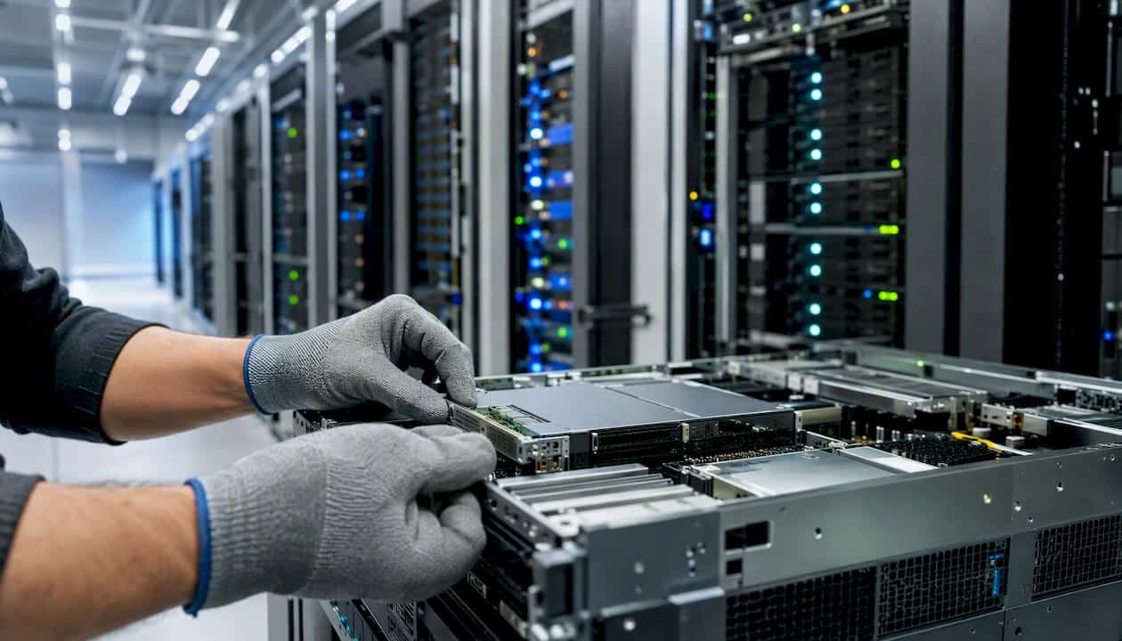 Hands maintaining servers in data center