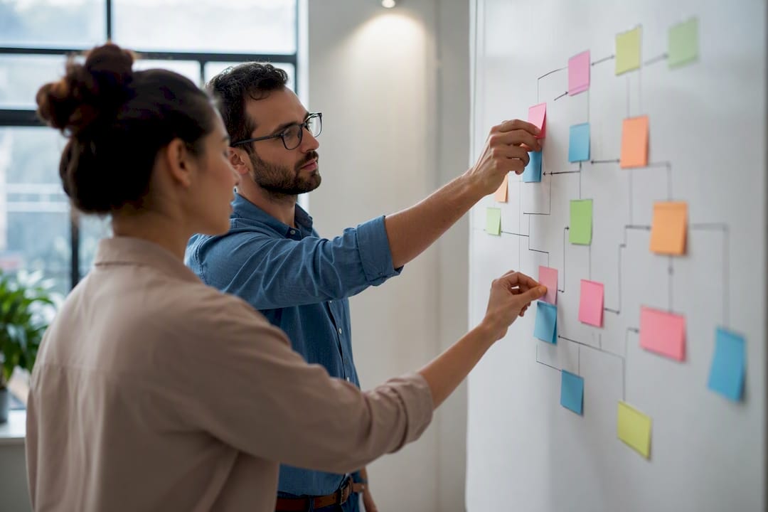 Hands arranging flowcharts in meeting room