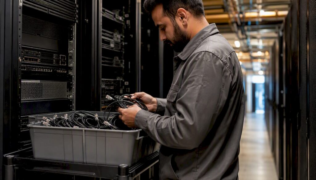 Hands unplugging network cables in data center rack