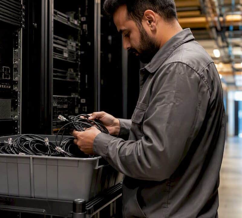 Hands unplugging network cables in data center rack