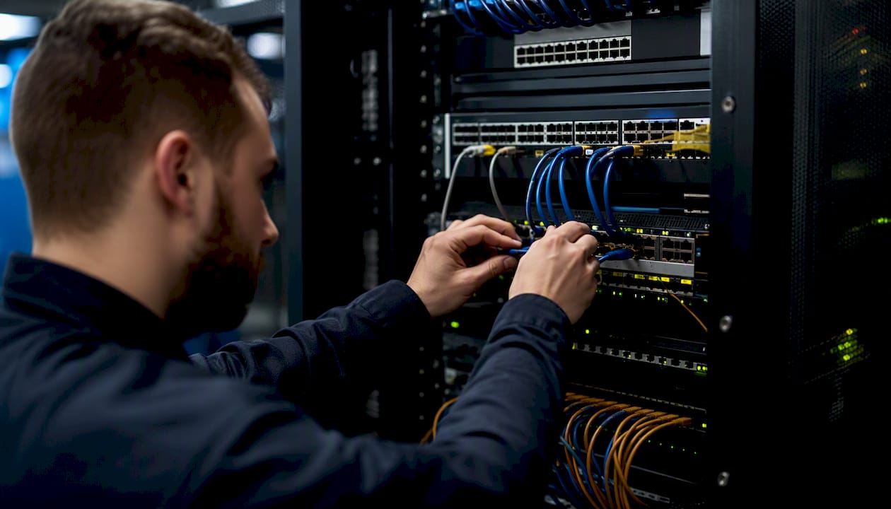 Hands wiring network cable during testing