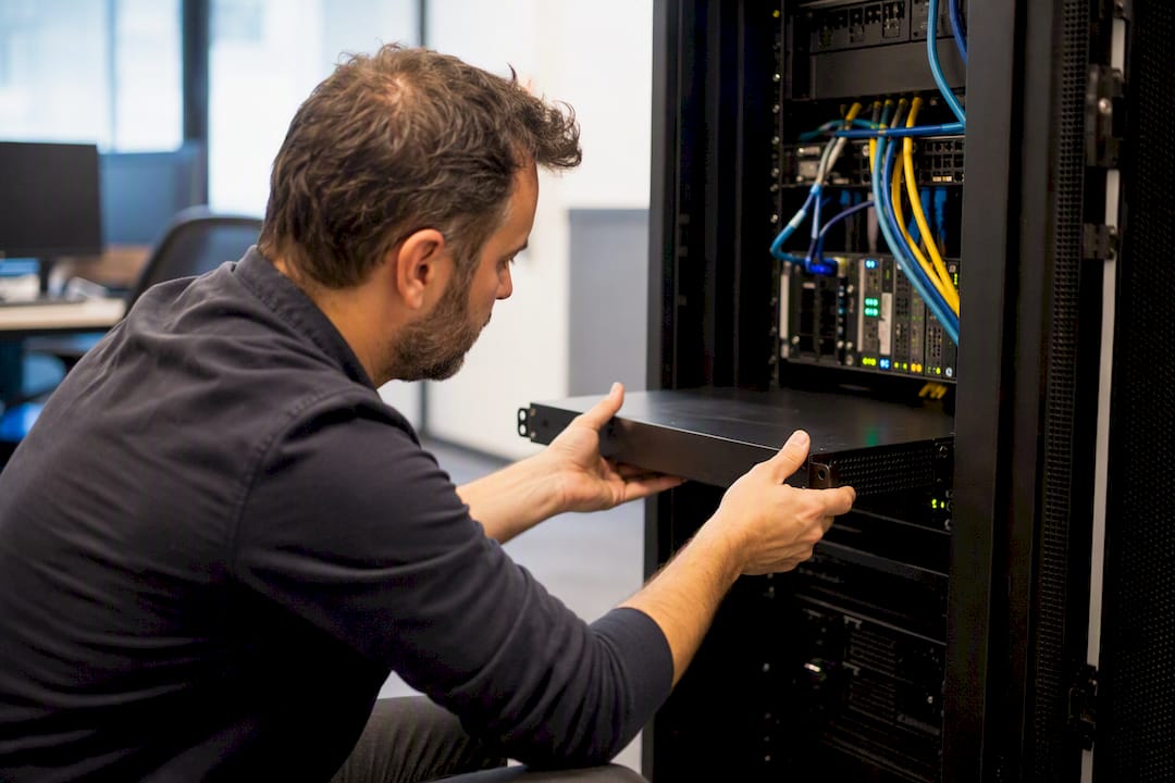 Engineer installing network appliance in hybrid IT rack