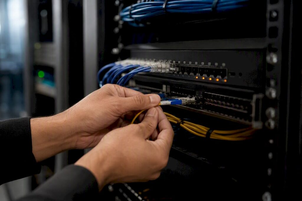 Hands connecting fiber optic cable in server room