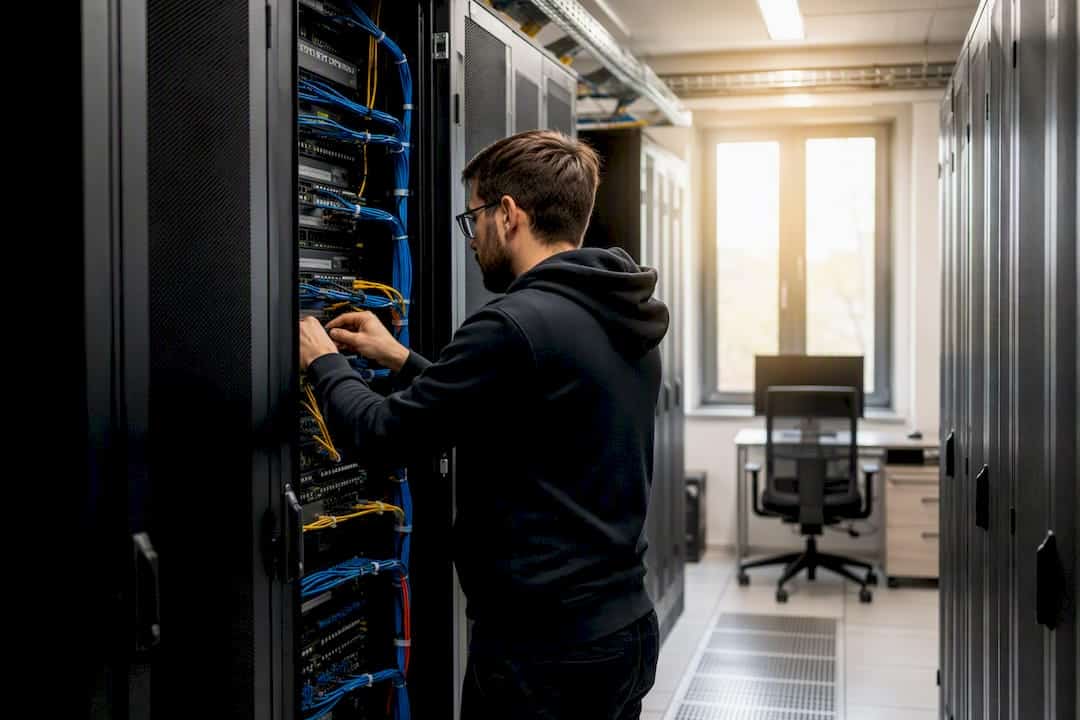 Hands configuring network cables in server room