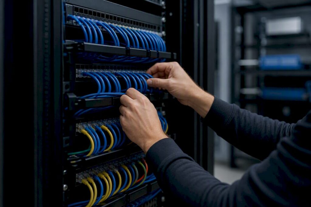 Hands wiring network cables in server rack