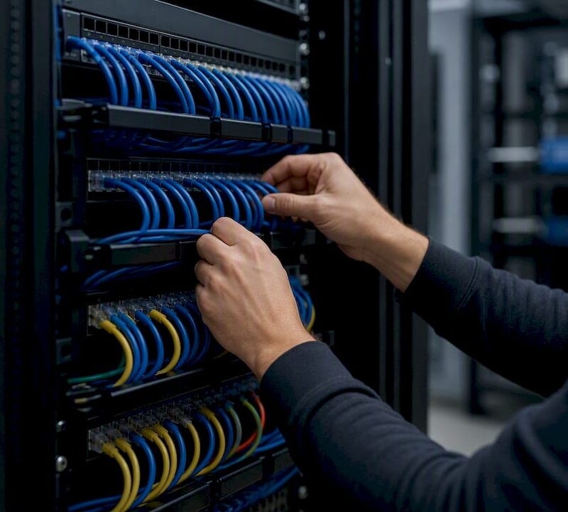 Hands wiring network cables in server rack