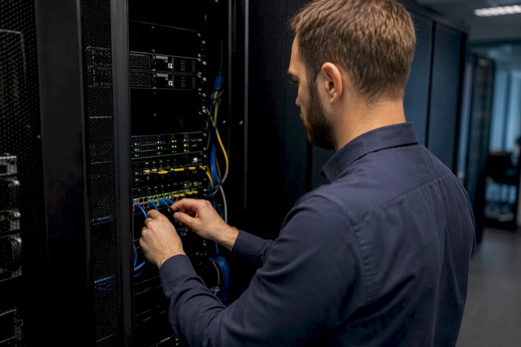 IT technician managing network cables in server room