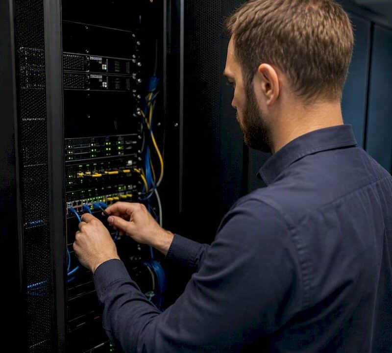 IT technician managing network cables in server room