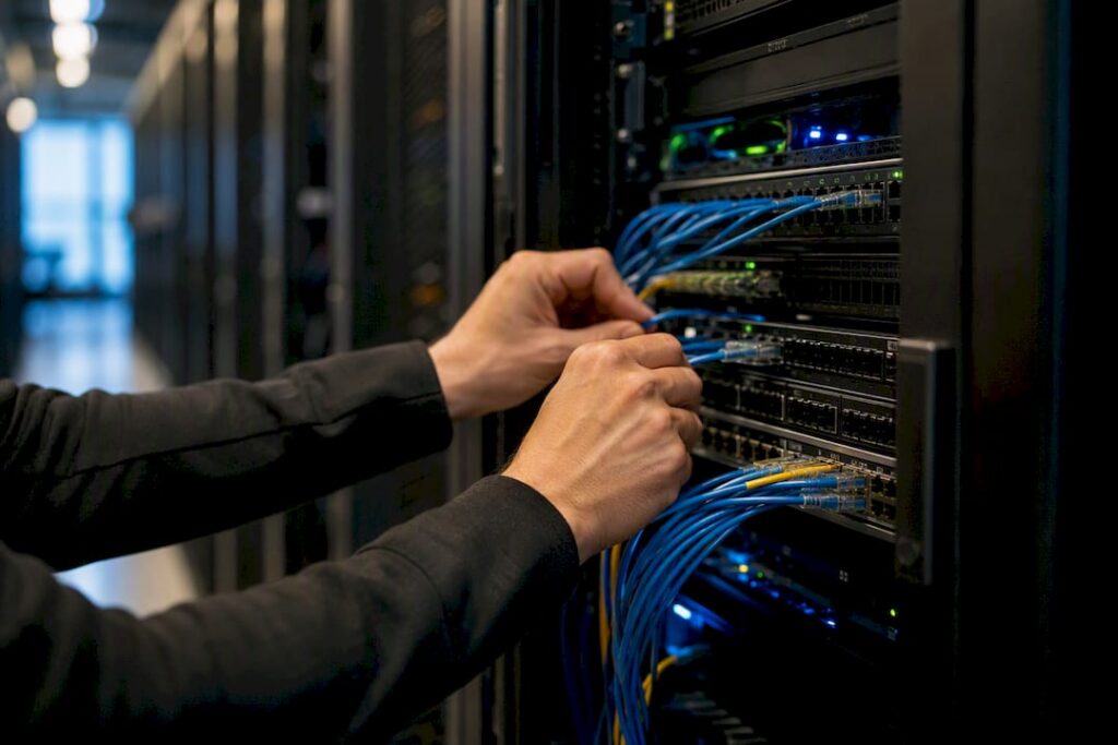 Hands connecting cables in data center aisle