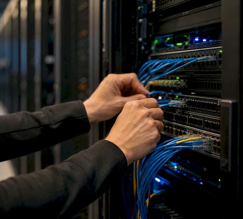 Hands connecting cables in data center aisle