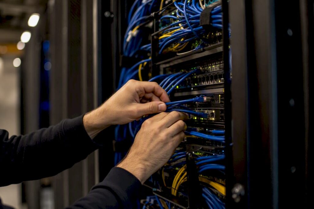 Technician connecting cable in server rack