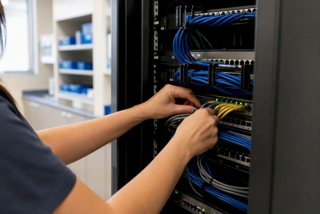 Hands connecting cables in healthcare data center