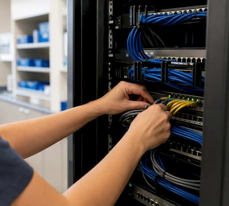 Hands connecting cables in healthcare data center