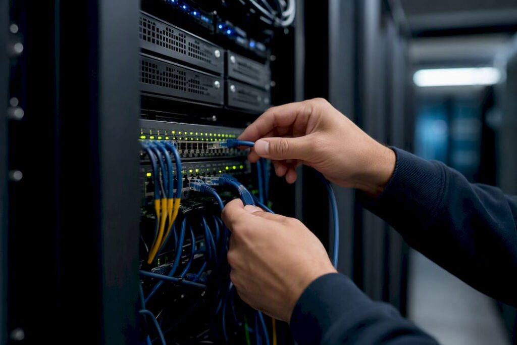 Hands connecting network cable in server room
