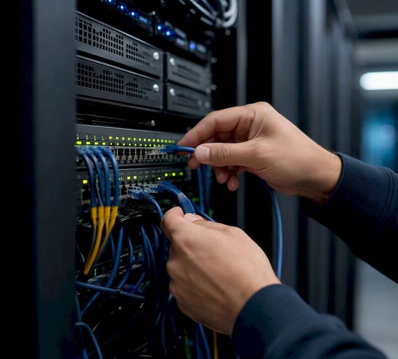Hands connecting network cable in server room