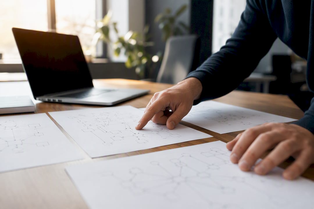Hands pointing at integration architecture diagrams